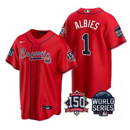 Men Atlanta Braves 1 Ozzie Albies 2021 Red World Series With 150th Anniversary Patch Cool Base Stitched Jersey